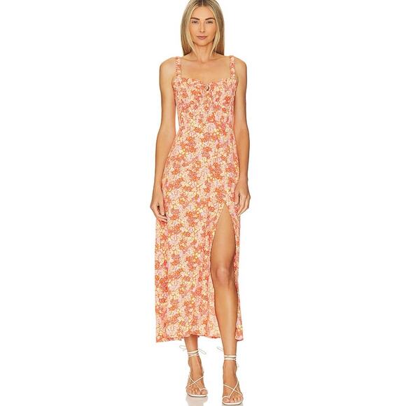ASTR The Label NWT Elsie Orange Floral Smocked Midi Dress M Cottagecore Milkmaid - Picture 1 of 14